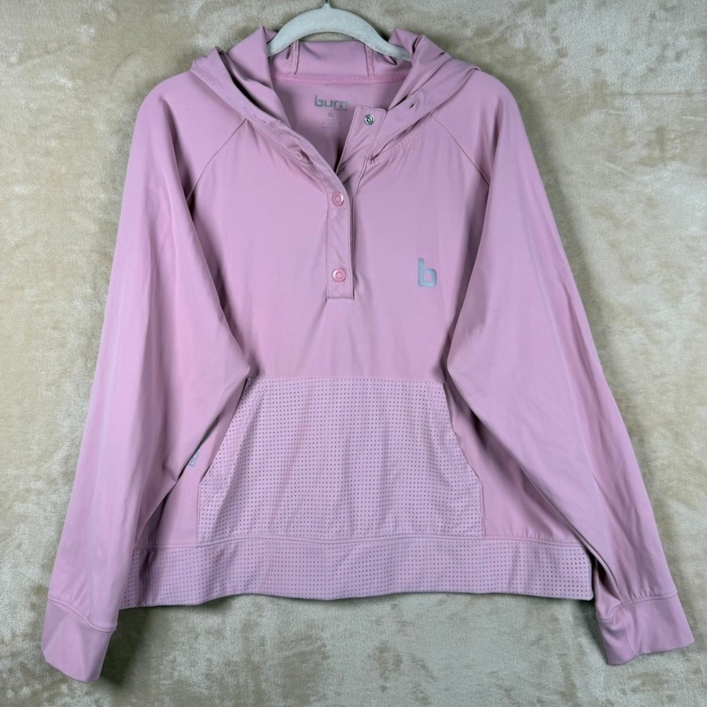 Burn Boot Camp Women XL Pink Hooded Pullover Mesh Pocket Athletic Sweatshirt